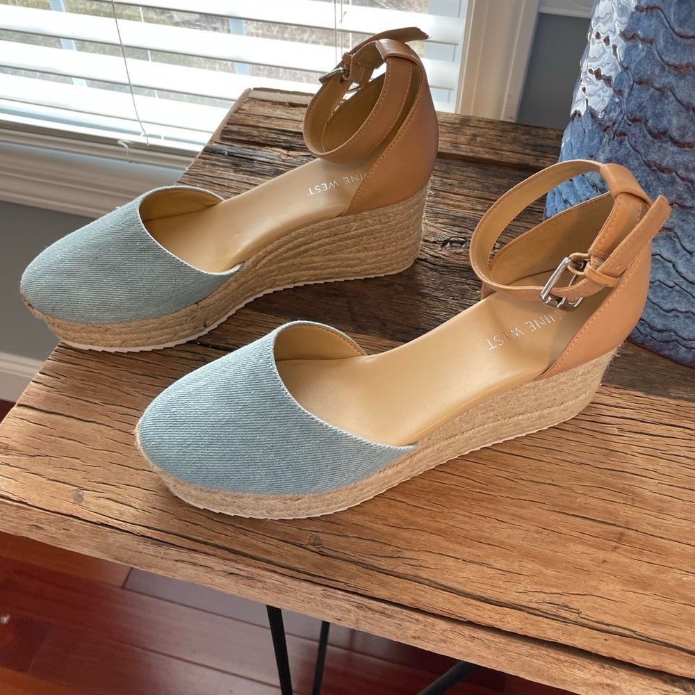 Nine West Light Blue and Tan Wedge Espadrilles - Picture 2 of 5